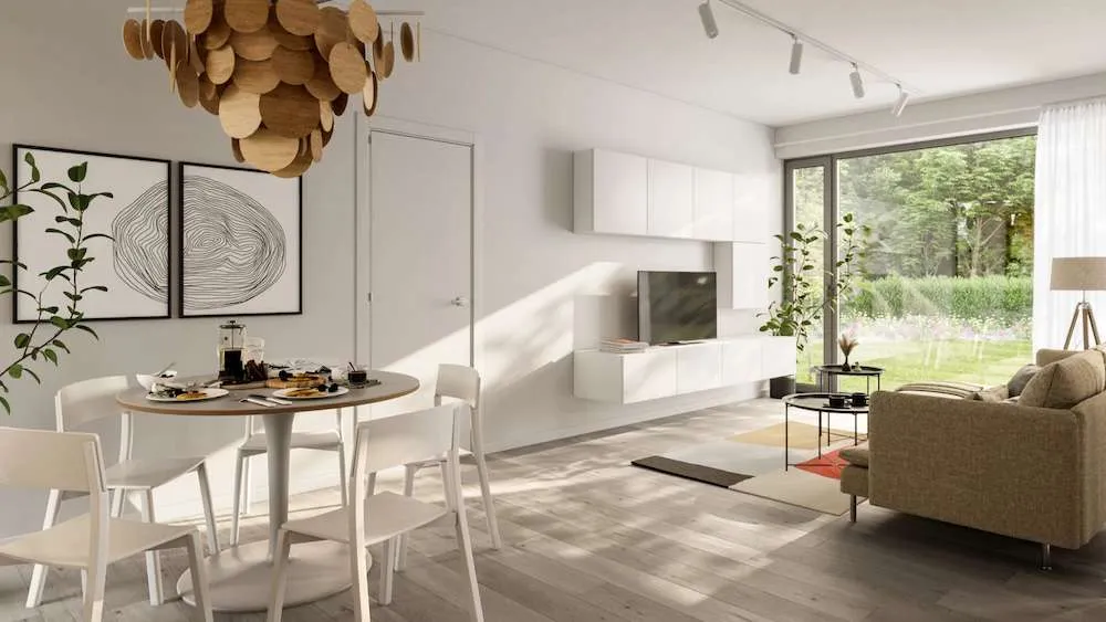 vm modul 100 binnenkant van prefab woning met woonkamer en eetkamer